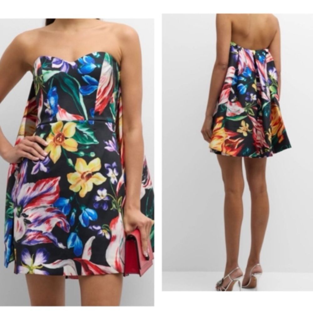 MARCHESA NOTTE Strapless Floral-Print Mini Cape Dress $695